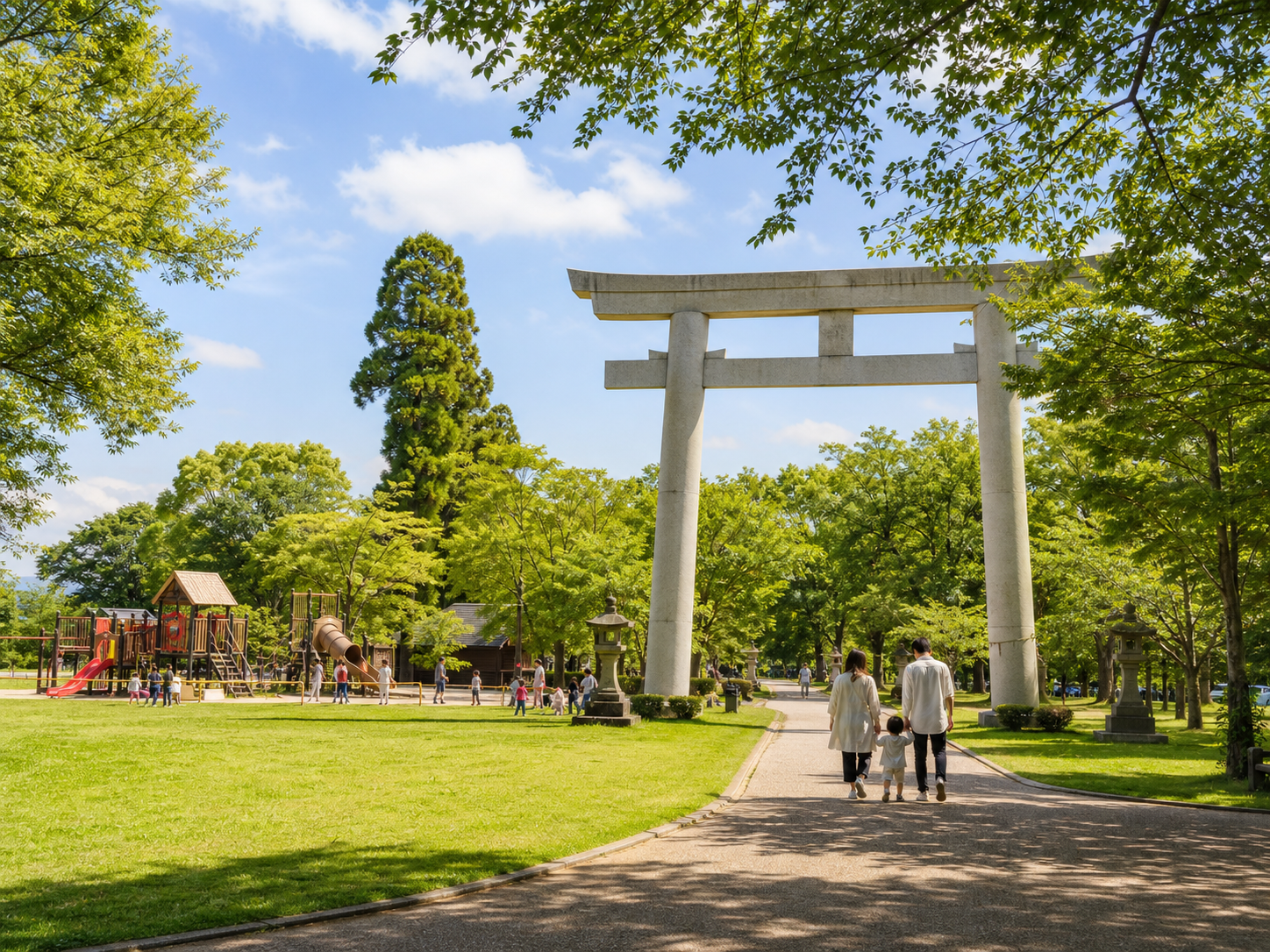 神柱公園をイメージした大鳥居と芝生広場の公園風景