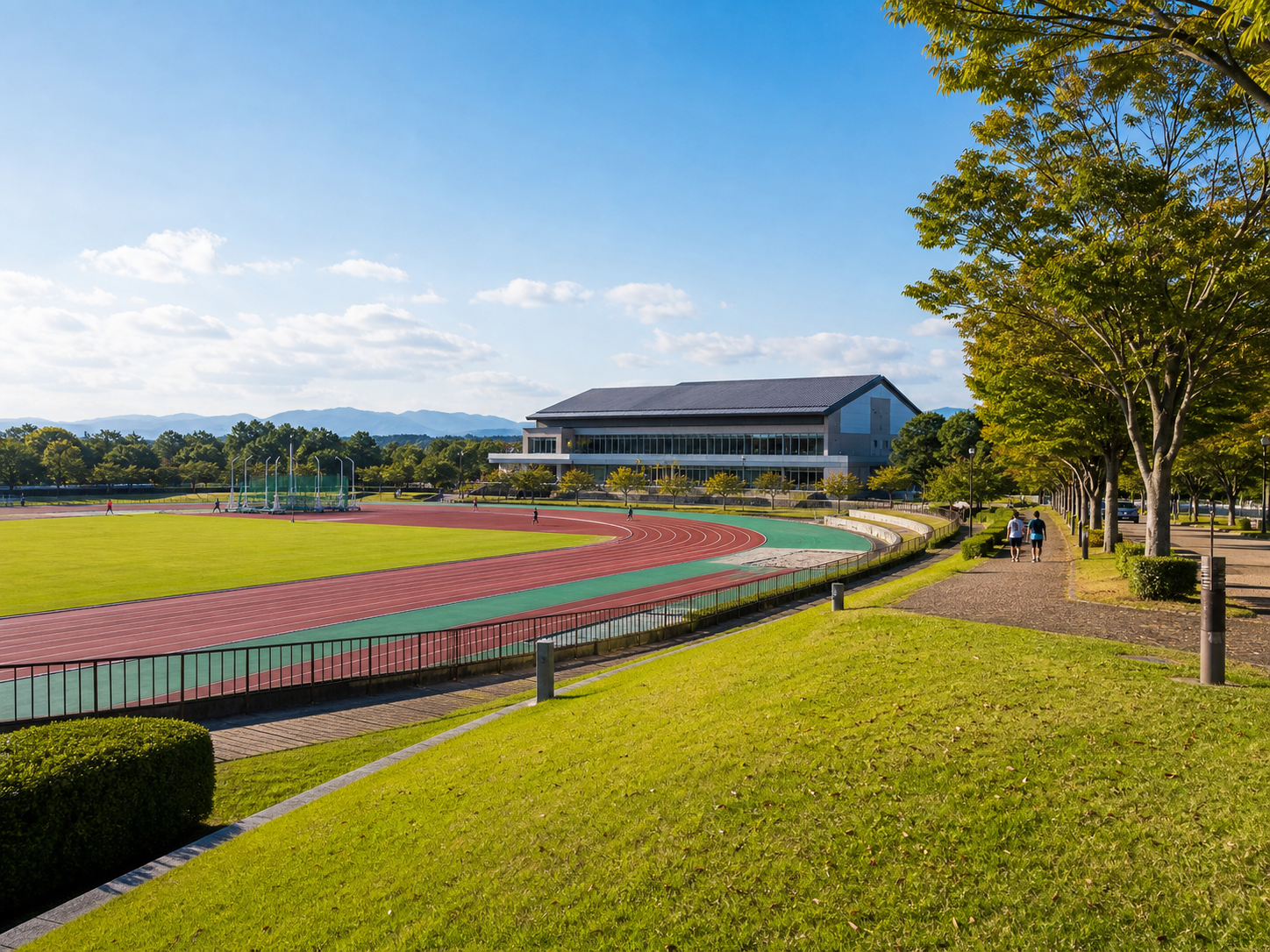 都城運動公園をイメージした陸上競技場と公園風景