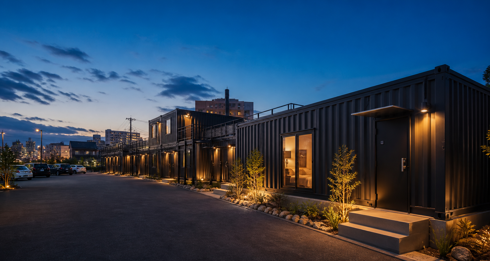 CONTAINER AI HOTEL MIYAKONOJOの市街地型コンテナホテル外観イメージ