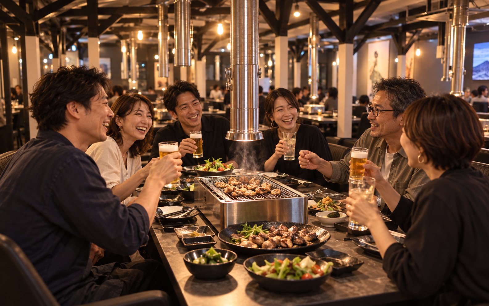 都城で再集合した小グループが網焼きコンロを囲む夜のイメージ