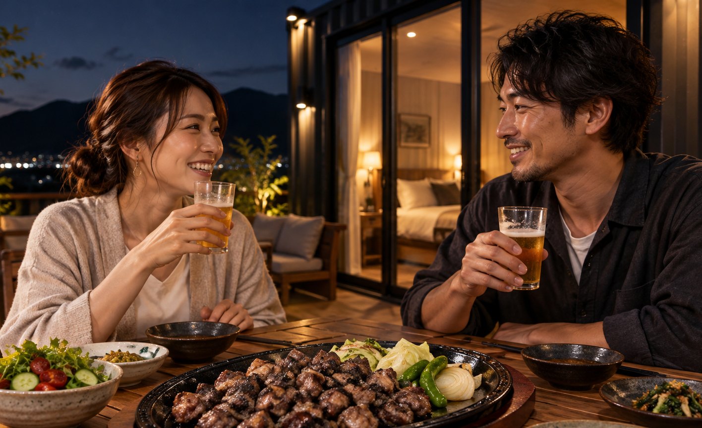 カップルで宮崎地鶏の鉄板焼きを楽しむテラスディナーのイメージ
