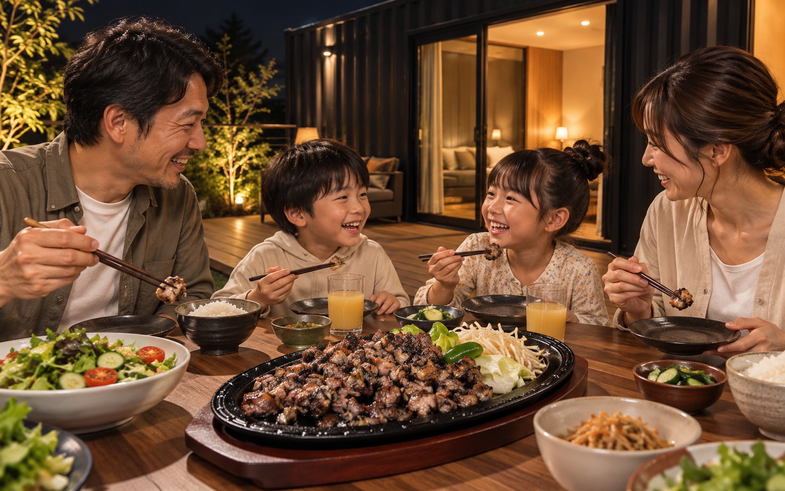 家族で宮崎地鶏の鉄板焼きを楽しむ約12mコンテナ貸し切り棟の夜の滞在イメージ