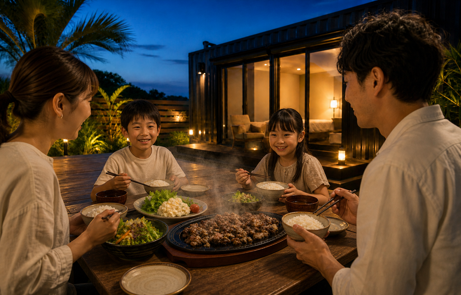 家族で宮崎地鶏の鉄板焼きディナーを楽しむ約12mコンテナ貸し切り棟の夜の滞在イメージ